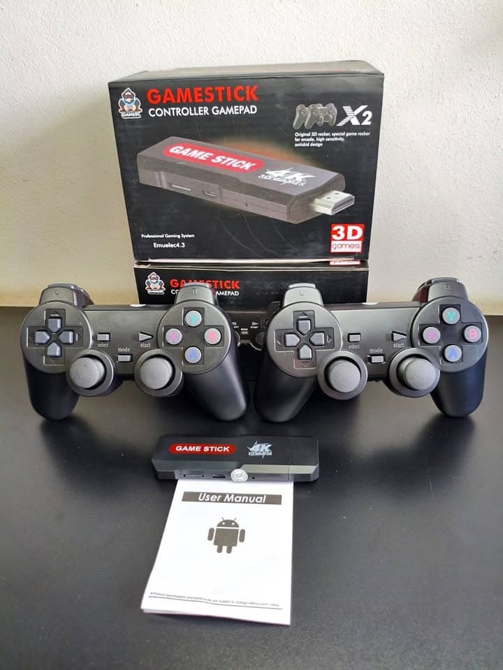 Game Stick X2 com dois controles sem fio, manual e caixa